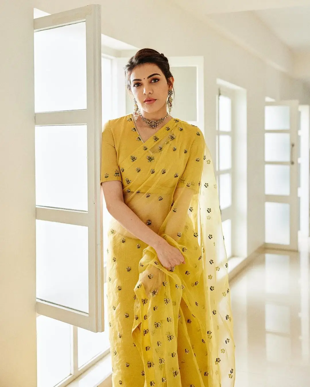 Kajal Aggarwal in Indian Tradition Yellow Color Saree Blouse